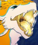  ambiguous_gender blue_eyes blue_markings blue_sclera bodily_fluids fangs feathers hi_res lionfloof markings mouth_shot open_mouth saliva saliva_string simple_background solo species_request teeth tongue yellow_body yellow_feathers yellow_tongue 