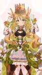  1girl arms_up blonde_hair blush bow breasts brooch celine_(fire_emblem) commentary crown dress feet_out_of_frame fire_emblem fire_emblem_engage gbbgb321 gloves green_bow green_eyes hair_bow highres jewelry looking_at_viewer small_breasts solo standing white_gloves 