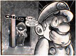  2boys brothers chromatic_aberration commentary constricted_pupils covering_mouth door emphasis_lines english_text facial_hair gloves greyscale hat highres jiggidyjakes luigi male_focus mario mario_(series) monochrome multiple_boys mustache overalls shaded_face siblings surprised 
