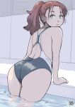  1girl ass brown_hair competition_swimsuit dated green_eyes hadashi_no_kenji highres indoors long_hair looking_at_viewer one-piece_swimsuit ponytail pool solo swimsuit water 