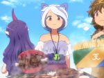  3girls animal_ears brown_hair circlet closed_mouth dog_ears dress food foothold_trap french_fries green_dress grey_hair horns long_hair low_twintails meat mitsugashira_enoko multicolored_clothes multicolored_dress multiple_girls pink_skirt pointy_ears purple_hair purple_horns purple_shirt red_eyes shirosato shirt short_hair single_horn skirt son_biten tenkajin_chiyari touhou twintails yellow_dress 