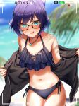  1girl a-chan_(hololive) absurdres ahoge battery_indicator beach bikini black-framed_eyewear black_hoodie blue_bow blue_eyes blue_hair blush bow breasts frilled_bikini frills glasses hair_bow hair_ornament highres hololive hood hoodie jewelry looking_at_viewer navel necklace open_clothes open_mouth outdoors palm_leaf recording shara_(syara_so_ju) short_hair solo swimsuit tears virtual_youtuber 