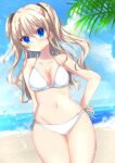  1girl alternate_costume arm_at_side ass_visible_through_thighs beach bikini bird blue_eyes blue_sky blurry blurry_background blush breasts charlotte_(anime) cleavage closed_mouth collarbone commentary_request cowboy_shot curvy eyes_visible_through_hair grey_hair groin hair_between_eyes halterneck hand_on_own_hip head_tilt highres large_breasts long_hair looking_at_viewer navel ocean outdoors palm_leaf seagull shiny_skin side-tie_bikini_bottom sidelocks sky smile solo sparkle standing stomach swimsuit thigh_gap thighs tomori_nao twitter_username two_side_up wavy_hair white_bikini yaki-ayato 