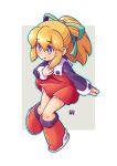  1girl :o blonde_hair blue_eyes boots border bow dress full_body green_bow green_hair green_outline grey_background hair_bow hair_ribbon long_hair long_sleeves mawaru_(mawaru) mega_man_(classic) mega_man_(series) open_mouth outline parted_lips ponytail red_dress red_footwear red_skirt ribbon robot_girl roll_(mega_man) sidelocks skirt solo white_border 