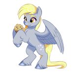  2023 artharuhi blonde_hair blonde_mane cutie_mark derp_eyes derpy_hooves_(mlp) digital_media_(artwork) equid equine eyebrows feathered_wings feathers female feral fetlocks food friendship_is_magic fur grey_body grey_feathers grey_fur hair hasbro hi_res holding_food holding_object hooves leg_tuft mammal mane muffin my_little_pony pegasus simple_background smile solo tail tuft white_background wings yellow_eyes yellow_tail 