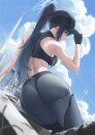  1girl ass bare_arms bare_shoulders black_gloves black_hair black_headwear black_leggings black_sports_bra blue_archive blue_eyes breasts cloud comiket_102 commentary_request from_behind glance gloves hat leggings long_hair looking_at_viewer looking_back median_furrow medium_breasts ponytail saori_(blue_archive) solo sports_bra straight_hair thighs very_long_hair yabacha 
