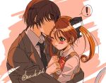  ! 1boy 1girl blush brown_hair collared_shirt formal grey_eyes hair_ribbon hitomi_hirosuke_(sayonara_wo_oshiete) hug long_hair neck_ribbon necktie one_eye_closed orange_hair red_ribbon ribbon sayonara_wo_oshiete setsuaki_(setsuakiishsh) shirt sketch spoken_exclamation_mark suit tamachi_mahiru twintails two-tone_background upper_body vest white_shirt 