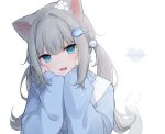  1girl :d amashiro_natsuki animal_ear_fluff animal_ears blue_eyes blue_jacket blush cat_ears cat_girl cat_tail character_name commentary_request fang grey_hair hair_between_eyes hair_ornament hands_up heart indie_virtual_youtuber jacket long_hair long_sleeves looking_at_viewer low_twintails nachoneko puffy_long_sleeves puffy_sleeves simple_background smile solo tail twintails upper_body very_long_hair virtual_youtuber white_background 