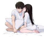  1boy 1girl bare_legs barefoot black_hair blush breasts chitanda_eru feet hetero highres hyouka kneeling legs medium_breasts mery_(yangmalgage) oreki_houtarou oversized_clothes oversized_shirt pillow purple_eyes shirt simple_background sitting soles toenails toes whispering white_background white_shirt 