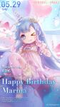  &gt;_o 1girl :p abstract_background babydoll blue_eyes blue_hair candy child copyright_name english_commentary english_text food gloves happy_birthday hat highres indoors long_hair looking_at_viewer marina_(shining_nikki) official_art one_eye_closed party_hat pink_babydoll pink_footwear pink_gloves shining_nikki sweets thighhighs tongue tongue_out v 