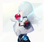  1girl apple arc_the_lad blue_hair food fruit gloves holding holding_food holding_fruit long_hair protected_link save_scene_a simple_background solo white_background white_gloves 