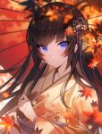  1girl autumn autumn_leaves black_hair blue_eyes blunt_bangs blush brown_hair character_request commentary_request falling_leaves floating_hair hair_ornament highres hime_cut holding holding_umbrella huion japanese_clothes kanzashi kimono leaf long_hair looking_at_viewer maple_leaf noir_eku obi obiage oil-paper_umbrella original red_umbrella sash sidelocks solo umbrella upper_body very_long_hair wide_sleeves 