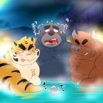  2023 anthro bathing bear belly big_belly black_nose blush bovid bovine brown_body cattle detailed_background erection felid genitals group hi_res japanese_text kemono male male/male mammal moobs night outside overweight overweight_male pantherine penis pink_nose shibatanukiti text tiger tongue tongue_out 