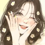  1girl blush brown_eyes brown_hair daisy eyelashes flower grin hair_between_eyes hands_on_own_cheeks hands_on_own_face highres lips multicolored_nails one_eye_closed original parted_bangs red_lips samenai_ymkr signature smile solo teeth white_nails yellow_nails 