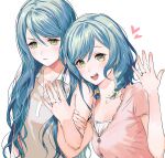  2girls :d aqua_hair arm_grab bang_dream! blush bow braid breasts cardigan closed_mouth collarbone collared_shirt commentary green_eyes grey_shirt hair_between_eyes hair_bow hands_up heart highres hikawa_hina hikawa_sayo incest jewelry long_hair looking_at_viewer medium_breasts medium_hair multiple_girls open_mouth parted_bangs pink_cardigan ring shirt short_sleeves siblings simple_background sisters sleeveless sleeveless_shirt smile spoken_heart teeth twin_braids twincest twins upper_body upper_teeth_only wedding_ring white_background wife_and_wife yellow_bow yuri zihacheol 
