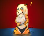  anthro blonde_hair blue_eyes breasts catsockjus clothing confusion felid female fur hair lily_(catsockjus) long_hair mammal multicolored_body multicolored_fur nipples orange_body orange_fur pantherine question_mark shirt solo striped_body stripes tiger topwear translucent translucent_clothing two_tone_body two_tone_fur underwear water wet wet_clothing wet_hair wet_shirt wet_topwear 