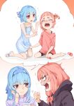  2girls =3 absurdres aged_down bike_shorts black_hoodie blank_eyes blue_dress blue_hairband blunt_bangs blush bow clenched_hand closed_mouth clothes_grab commentary crying dress embarrassed enpera flustered flying_sweatdrops hair_bow hairband half_updo highres hood hoodie kotonoha_akane kotonoha_aoi long_hair multiple_girls multiple_views nose_blush off_shoulder one_side_up open_mouth out_of_character pink_shirt purple_sweater red_eyes remembering sandals scraped_knee sharp_teeth shiratama_(siratama5656) shirt short_dress short_hair short_sleeves shouting siblings single_bare_shoulder sisters smile spaghetti_strap spoken_character sundress sweater tearing_up teeth thick_eyebrows turtleneck turtleneck_sweater voiceroid 