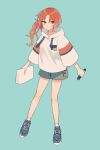  1girl absurdres aqua_background blush closed_mouth edward-el ensemble_stars! full_body genderswap genderswap_(mtf) green_eyes grey_footwear grey_shorts highres holding holding_paper holding_pen hood hood_down hoodie looking_at_viewer orange_hair paper pen shoes shorts side_ponytail sneakers socks solo tsukinaga_leo white_hoodie white_socks 