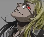  1boy blonde_hair evil_smile fate/grand_order fate_(series) glasses grey_background long_hair looking_at_viewer male_focus panda=hiro portrait profile red_eyes simple_background smile solo tezcatlipoca_(fate) upper_body 