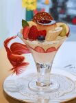  absurdres banana banana_slice blueberry blurry blurry_background bubble dated fish floating food food_focus fruit highres leaf no_humans original parfait plate pudding raspberry reflection shadow siamese_fighting_fish signature strawberry strawberry_slice surreal tainosuke 