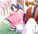  1boy 1girl blue_eyes blue_hair blue_ribbon cherry_blossoms cherry_tree closed_eyes closed_mouth collarbone commentary_request cross_scar day grass hair_ribbon hakama hakama_pants high_ponytail himura_kenshin interlocked_fingers japanese_clothes kamiya_kaoru katana kimono kimu_(risatoko) knee_up knees_up long_hair looking_at_another low_ponytail obi outdoors outstretched_arms over_shoulder own_hands_together pants parted_lips petal_print pink_kimono print_kimono red_hair red_kimono ribbon rurouni_kenshin sandals sash scar scar_on_cheek scar_on_face sitting sleeping smile socks sword tabi weapon white_hakama white_socks wide_sleeves 