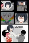  angry black_hair blue_eyes comforting english_text evil_smile faceless_other flashback highres karinakamichi kill_la_kill kiryuuin_ragyou kiryuuin_satsuki life_fiber mature_female multicolored_hair pink_eyes pink_hair polka_dot protecting rainbow_hair remembering ruffled_hair sexual_harassment signature smile yuri 