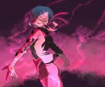  1girl artist_name black_background black_jacket brown_hair closed_eyes from_side green_hair hair_ribbon highres jacket ladybug_(character) leaning_forward long_sleeves magic marinette_dupain-cheng miraculous_ladybug multicolored_hair pants pink_background pink_pants pink_ribbon ribbon seio_(nao_miragggcc45) smile solo sparkle transformation twintails 