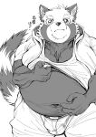  2023 absurd_res ailurid anthro asakura_kento belly big_belly bottomwear bulge clothing hi_res humanoid_hands japanese_text kemono male mammal navel overweight overweight_male pants red_panda shirt solo text topwear 