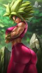  1girl absurdres ass big_hair blue_eyes colored_skin covered_nipples crop_top crossed_arms dragon_ball dragon_ball_super earrings elite_nappa green_hair green_skin highres jewelry kefla_(dragon_ball) muscular muscular_female pants potara_earrings red_pants red_tank_top rock sideways_glance solo spiked_hair super_saiyan tank_top 