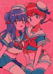  2girls blue_sailor_collar blue_skirt blush_stickers bow breasts hat highres menma_(enaic31) multiple_girls navel open_mouth ranma-chan ranma_1/2 red_bow red_eyes red_hair red_ribbon ribbon sailor_collar sailor_hat shampoo_(ranma_1/2) shorts skirt white_sailor_collar white_shorts 