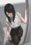  1girl black_bra black_hair black_skirt blush bra breasts grey_eyes highres kaminari_doon long_hair long_skirt looking_at_viewer original see-through shirt short_sleeves sidelocks skirt solo swept_bangs underwear wet wet_clothes white_shirt 