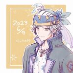  1boy bandana brown_eyes character_name earrings final_fantasy final_fantasy_vi grey_hair grey_jacket happy_birthday head_scarf jacket jewelry light_smile locke_cole male_focus necklace pan_ff6 popped_collar portrait print_shirt shirt short_hair solo upper_body 