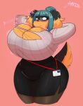  anthro big_breasts blue_hair bottomwear breasts brown_body brown_fur canid canine canis clothing domestic_dog eyewear female fur glasses hair hi_res huge_breasts jwinkz mammal pencil_skirt skirt solo stretching sweater tail thick_thighs topwear torn_clothing zoey_(jwinkz) 