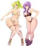  2girls absurdres armpit_crease ass blush boots breasts commentary dot_nose fire_emblem fire_emblem:_the_sacred_stones green_eyes green_hair hair_ribbon highres kyhsoren l&#039;arachel_(fire_emblem) large_breasts long_hair looking_at_viewer low-tied_long_hair lute_(fire_emblem) multiple_girls navel one_eye_closed open_mouth paid_reward_available purple_eyes purple_footwear purple_hair ribbon simple_background smile thigh_boots white_background 