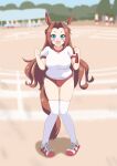  172cm 1girl alternate_costume animal_ears blue_eyes blurry blurry_background blush breasts brown_hair buruma clenched_hands commentary_request ear_ornament forehead full_body highres holding horse_ears horse_tail kawakami_princess_(umamusume) large_breasts long_hair looking_at_viewer open_mouth shoes solo standing tail thighhighs umamusume 