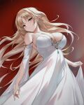  1girl blonde_hair blush breasts cleavage closed_mouth detached_sleeves dress earrings floating_hair gold_trim green_eyes highres iamahri1994 jewelry large_breasts long_hair looking_at_viewer original pointy_ears skirt_hold solo strapless strapless_dress white_dress 