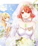 2girls alternate_costume alternate_hairstyle bare_shoulders blonde_hair blue_sky bouquet breasts bridal_veil chest_jewel cleavage closed_mouth cloud collarbone commentary_request core_crystal_(xenoblade) day detached_collar dress earrings elbow_gloves flower gloves hair_between_eyes highres holding holding_bouquet jewelry long_hair looking_at_viewer medium_breasts multiple_girls mythra_(xenoblade) open_mouth petals ponytail pyra_(xenoblade) red_eyes red_hair short_hair sky smile strapless strapless_dress tiara ui_frara veil wedding_dress white_dress white_gloves xenoblade_chronicles_(series) xenoblade_chronicles_2 yellow_eyes yellow_flower 