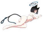  1girl animal_ears armpit_crease artpatient ass bakeneko bare_arms bare_legs bikini black_eyes black_hair blue_archive bob_cut breasts bright_pupils cat_ears cat_girl disgust feet forked_tail from_behind full_body halo kikyou_(blue_archive) looking_at_viewer lying medium_breasts micro_bikini navel on_side ribs shaded_face short_hair simple_background solo stomach swimsuit tail thighs toes underboob white_background white_pupils 