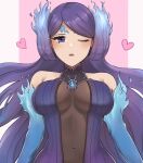  1girl bare_shoulders breasts brighid_(xenoblade) cleavage covered_navel heart highres long_hair navel one_eye_closed purple_eyes purple_hair purrlucii solo swept_bangs upper_body xenoblade_chronicles_(series) xenoblade_chronicles_2 
