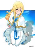  1girl alicia_florence andanden aria aria_company_uniform arm_support blonde_hair blue_bow blue_bowtie blue_sky bow bowtie braid braided_ponytail capelet closed_mouth cloud cloudy_sky dress eyelashes full_body gold_trim hair_between_eyes highres kneeling long_dress long_hair looking_at_viewer on_ground shadow side_slit signature sky smile solo white_capelet white_dress 