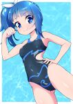  1girl absurdres ahoge black_one-piece_swimsuit blue_eyes blue_hair blunt_bangs breasts clenched_hand competition_swimsuit covered_navel cowboy_shot flexing highres hirogaru_sky!_precure medium_hair one-piece_swimsuit precure ryuuta_(cure_ryuuta) side_ponytail single_sidelock small_breasts smile solo sora_harewataru swimsuit 