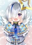  1girl amane_kanata amane_kanata_(1st_costume) angel angel_wings halo highres hololive multicolored_hair otk0u6 purple_eyes star_halo virtual_youtuber wings 