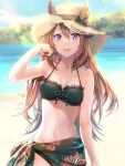  1girl alternate_costume animal_ears aoi_(07aoi15) arm_at_side bare_shoulders bikini black_bikini breasts brown_hair cleavage cowboy_shot day ears_through_headwear floral_print groin halterneck hand_up hat highres horizon horse_ears lens_flare long_hair looking_at_viewer navel open_mouth outdoors purple_eyes sarong small_breasts smile solo straw_hat swimsuit symboli_rudolf_(umamusume) tree umamusume 
