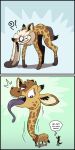  antlers dialogue feral feral_transformation giraffe giraffid hi_res horn jackalope lagomorph long_legs long_neck long_tongue mammal oatnom spots spotted_body text tongue transformation trevor-fox 