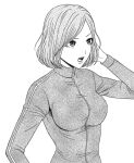 1girl back_street_girls:_gokudolls breasts commentary_request eyebrows_hidden_by_hair greyscale hage_tashuumi hand_in_own_hair jacket large_breasts monochrome open_mouth solo track_jacket upper_body yamamoto_airi 