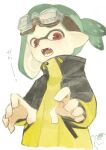  1boy ? absurdres bulbasaur claw_pose coat fangs goggles goggles_on_head green_hair highres inkling inkling_boy ksy_yo male_focus open_mouth pointy_ears red_eyes sharp_teeth short_ponytail splatoon_(series) splatoon_2 suction_cups teeth tentacle_hair translation_request yellow_coat 