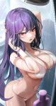  1girl absurdres arm_behind_head ass bare_arms bare_shoulders bathroom bikini blurry blurry_foreground blush bottle breasts butt_crack cowboy_shot halterneck hand_in_own_hair highres indoors large_breasts long_hair looking_at_viewer mole mole_on_breast navel open_mouth original purple_hair red_eyes refla showering sidelocks solo stomach string_bikini swimsuit thighs tile_wall tiles water wet wet_hair white_bikini 