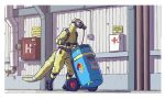  2022 ambiguous_gender anthro barrel biped border clothed clothing darbaras english_text female hazmat_suit hi_res lizard patreon patreon_logo red_body reptile scalie solo text url white_border 