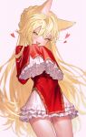  1girl animal_ears blonde_hair blush china_dress chinese_clothes dress fangs fox_ears frilled_skirt frilled_sleeves frills fymrie hair_between_eyes highres long_hair looking_at_viewer open_mouth original red_dress simple_background skirt sleeves_past_wrists smile solo yellow_eyes 