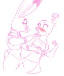  ?! anthro blush disney duo ears_up female female/female genitals gesture hand_under_chin holding_arm judy_hopps lagomorph leporid mammal monochrome mrs._otterton mustelid otter pink_and_white pussy rabbit simple_background sketch spoof_(artist) suggestive suggestive_gesture tongue tongue_out white_background zootopia 
